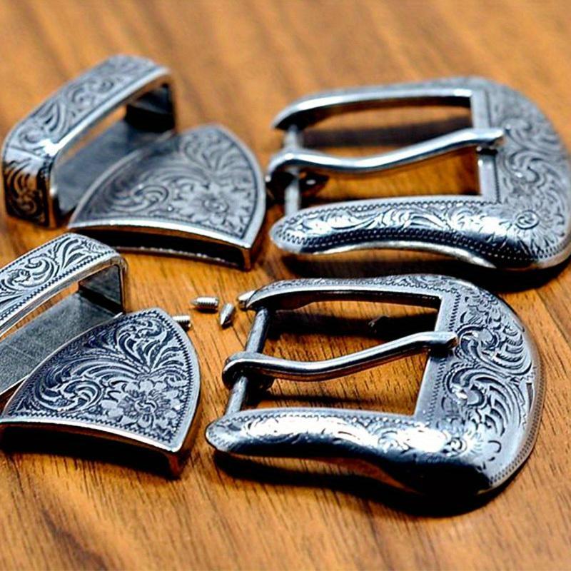 Style Silver Plated Metal Belt Buckle for Men Vintage Embossed Three Piece Pin Buckles DIY Leather Craft Buckle 3pcs/set