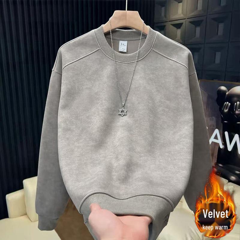 Men's Slim Fit Velvet Hoodie - American Style, Versatile Round Neck, Casual Long Sleeve, Autumn/Winter Fashion.