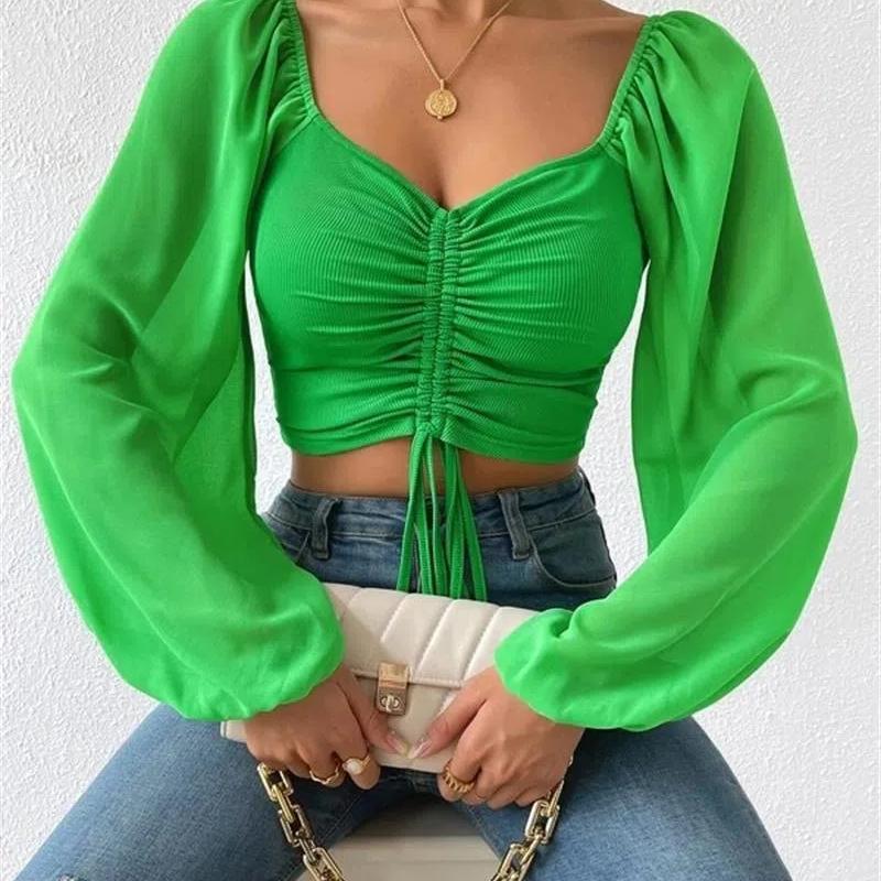 Summer New V-neck Chiffon Drawstring Lantern Sleeve Tight Fashion Sexy Shirt Top
