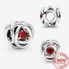 Genuine S925 Sterling Silver Charm Fit Fashion Bracelet July Red Openwork Birthstone Eternity Circle Charm Girl Necklace Jewelry