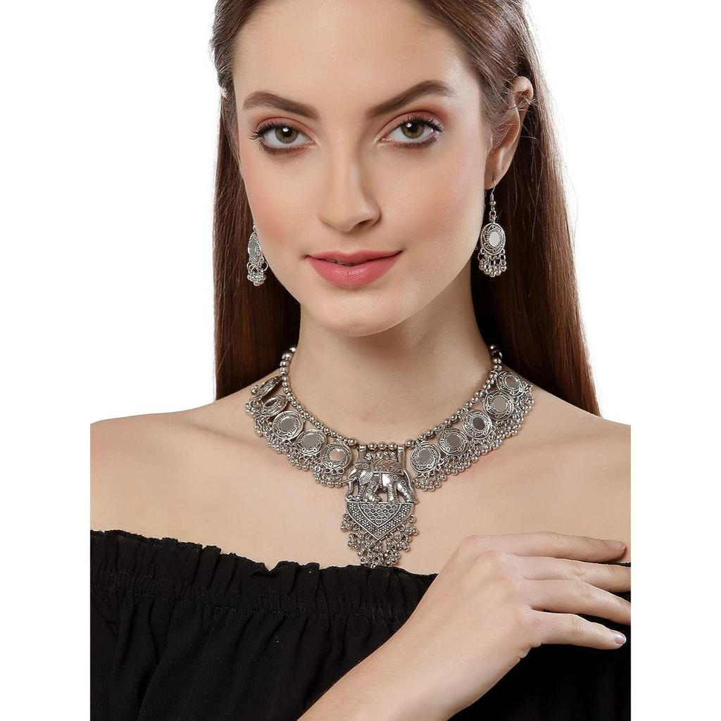 Shining Diva Fashion Latest Stylish Traditional Oxidised Silver Necklace Jewellery Set for Women