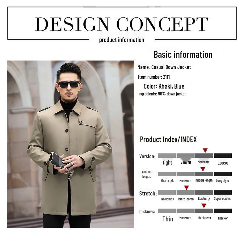 Мужская ветровка средней длины, утолщенная, с отложным воротником и съемной подкладкой из белого утиного пуха.