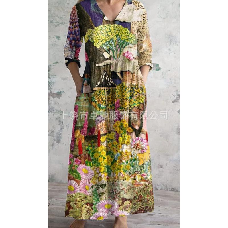 2026 новый европейский и американский 3D-печать европейский и американский летний повседневный свободный длинный рукав платье