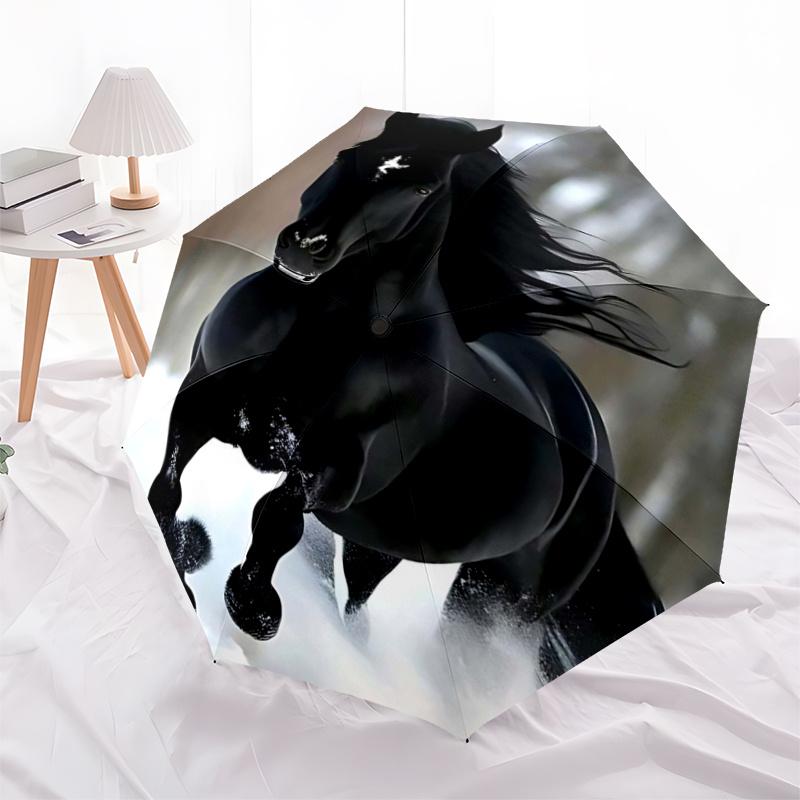 Black Horse in Snow: Automatic Opening/Closing Umbrella with Foldable Design, Ideal for Fans, Travelers, Daily Use, and Festive Gifts!112520