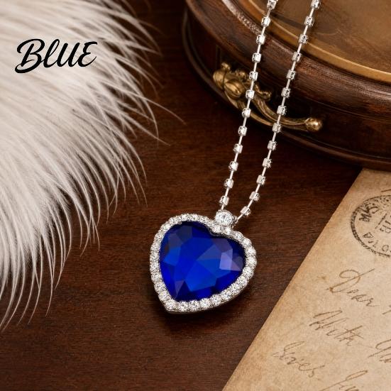 Blue Gemstone Pendant Heart Necklace Faux Diamond Sparkly Romantic Light-reflecting