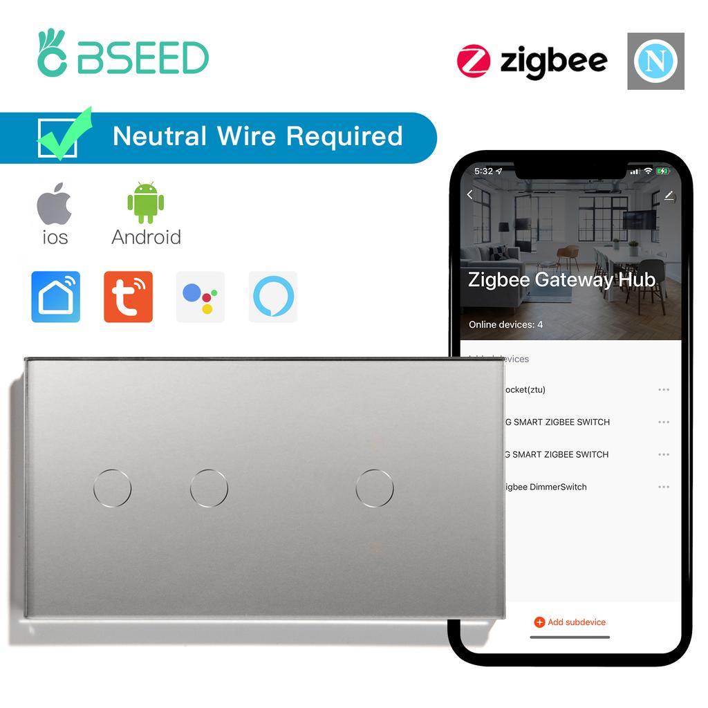 BSEED Zigbee Умные сенсорные выключатели 1/2/3 клавиши 1/2/3-позиционные Управление через приложение Tuya Smart Life С розетками для EU стен Серая серия