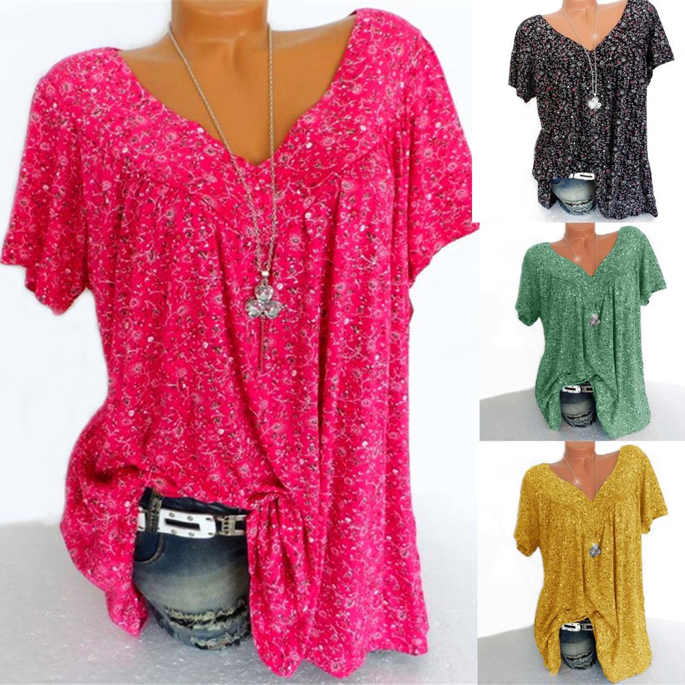 Винтажный цветочный узор с принтом, свободная футболка с короткими рукавами, женские повседневные летние топы с v-образным вырезом, S-5XL, большие размеры