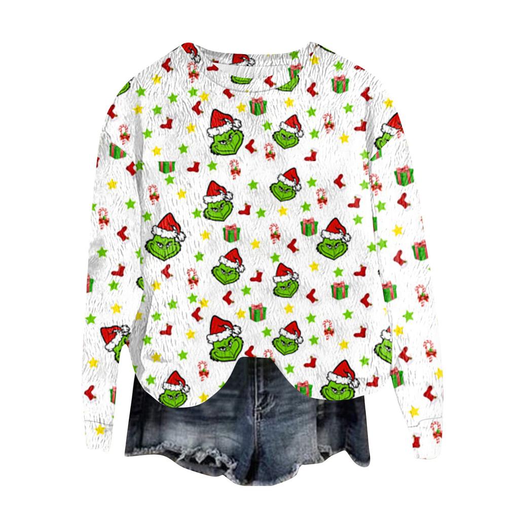 Women's Fashion Round Neck Pullover Top Long Sleeve Tee Christmas Printed Sweatshirt