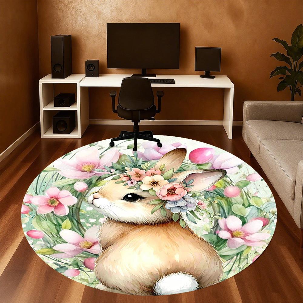 1pc rabbit flower Round Chair mat office Area Rug - Non-Slip, Floor Mat for Office, Bedroom, Ideal home decor gift c0112081