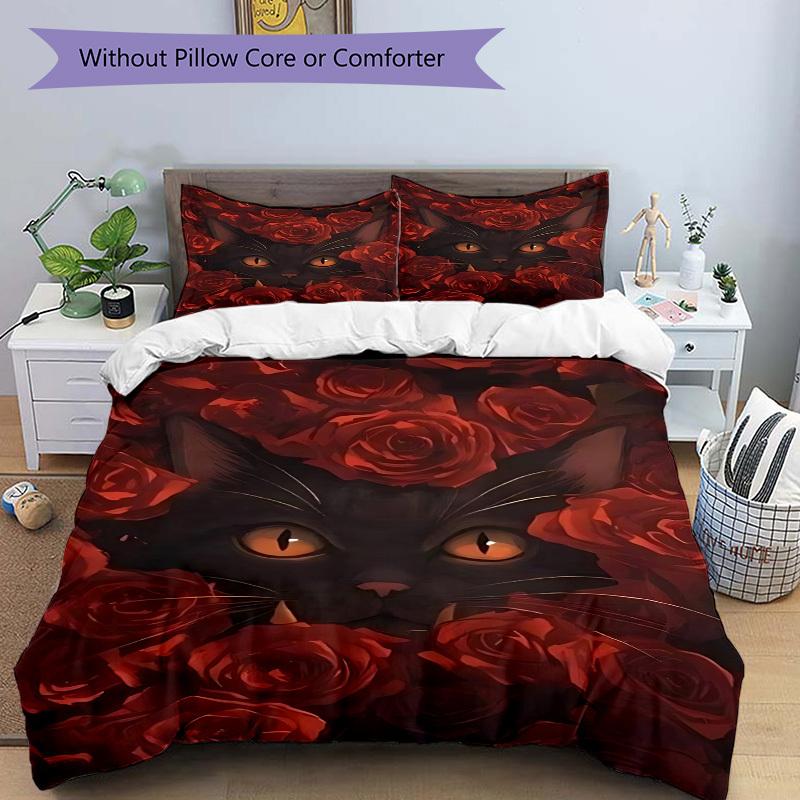 3pcs Black Cat Roses Duvet Cover Set - Machine Washable, Includes 1 Cover and 2 Pillowcases, No Core Included yy251013077