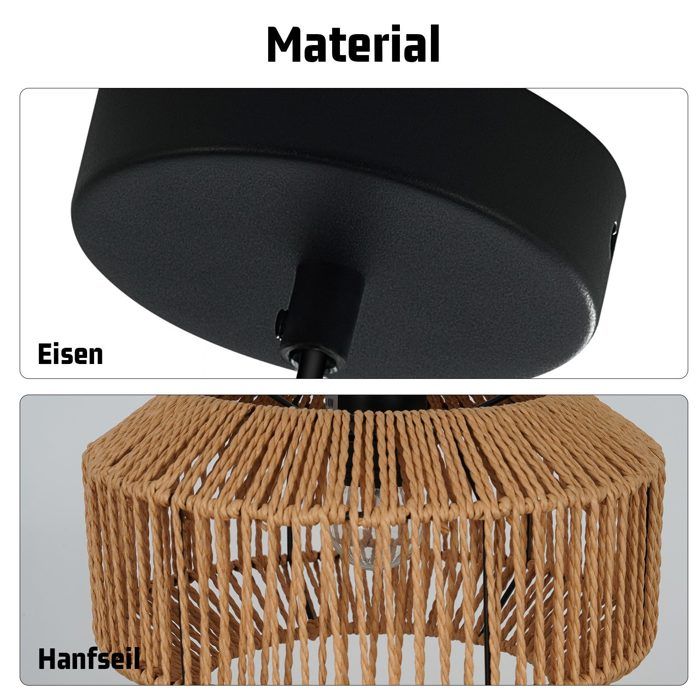 Lampe suspension rotin naturel NETTLIFE 1 lumière, Design bohème chic métal noir, Court, Luminaire E27 pour salle à manger salon