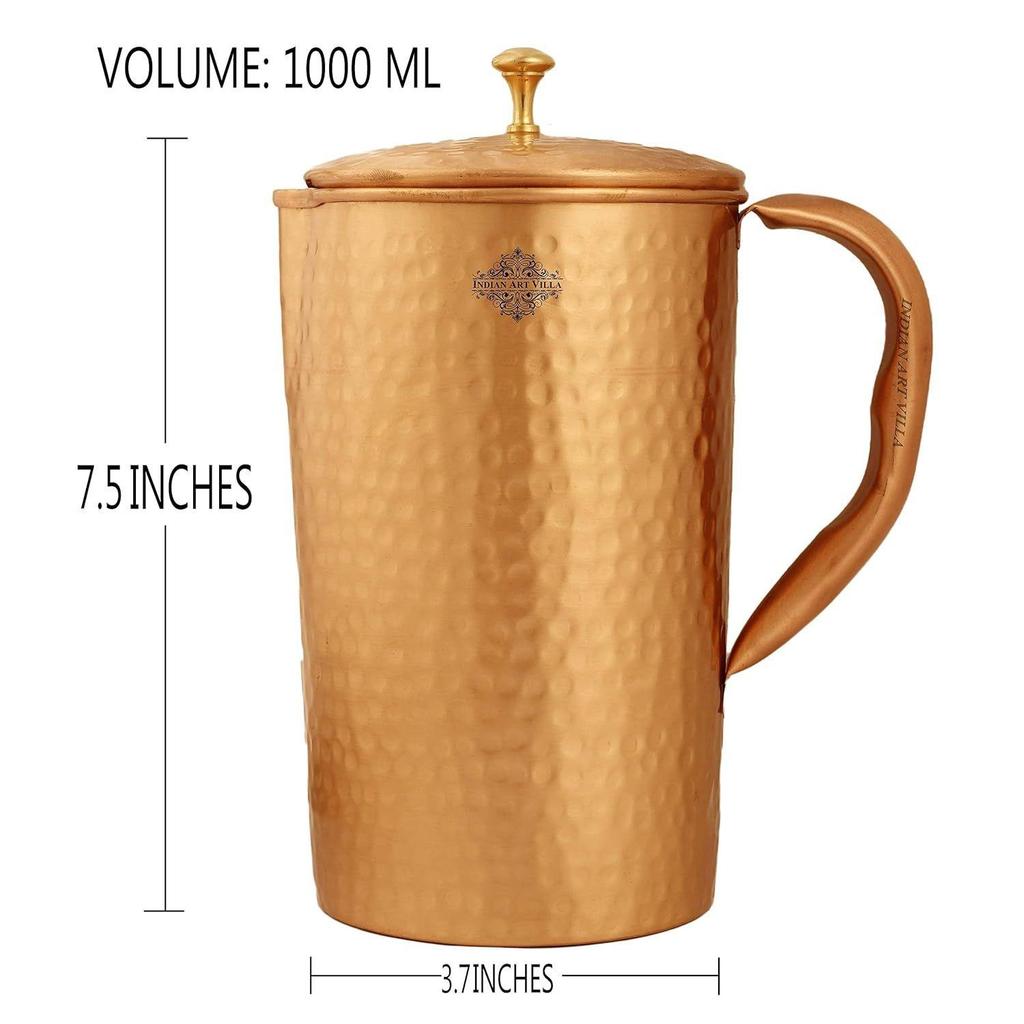 Hammered Lacqure Coated Copper Jug Pitcher with Brass Knob, Storage & Serving Water, Yoga Ayurveda Healing, Volume- 2000 ML