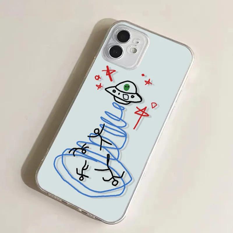 Прозрачный чехол для телефона для iPhone 17 17E 16 16E 15 14 13 12 11 Pro Max Plus Air UFO Инопланетянин Рисованный Арт Мягкий ТПУ Ударопрочный Чехол