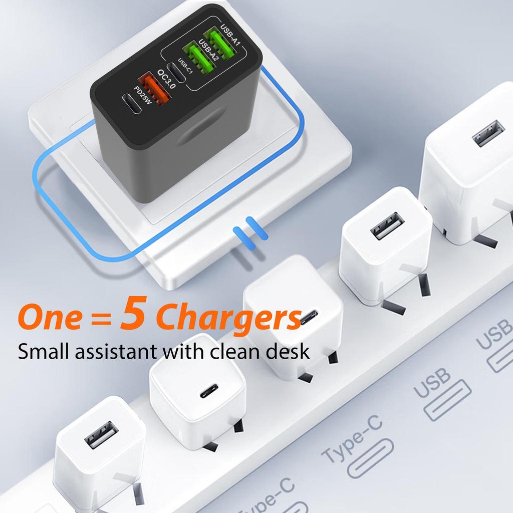 Быстрое зарядное устройство GaN на 65 Вт с несколькими портами (3 x USB-A и 2 x USB-C)
