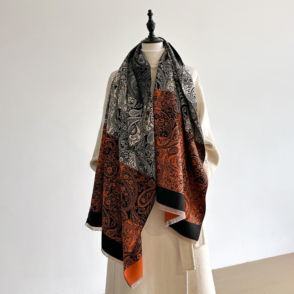 Women's Vintage Floral Print Neckerchief - Tasseled Color-Block Faux Cashmere Scarf, Comfortable Double-Layer Shawl