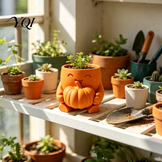 Pumpkin Succulent Planter 3D Printed Cute Planter, Halloween Cartoon Character Pot, Holiday Gift for Desk Desktop Storage Container Office Home, Plant