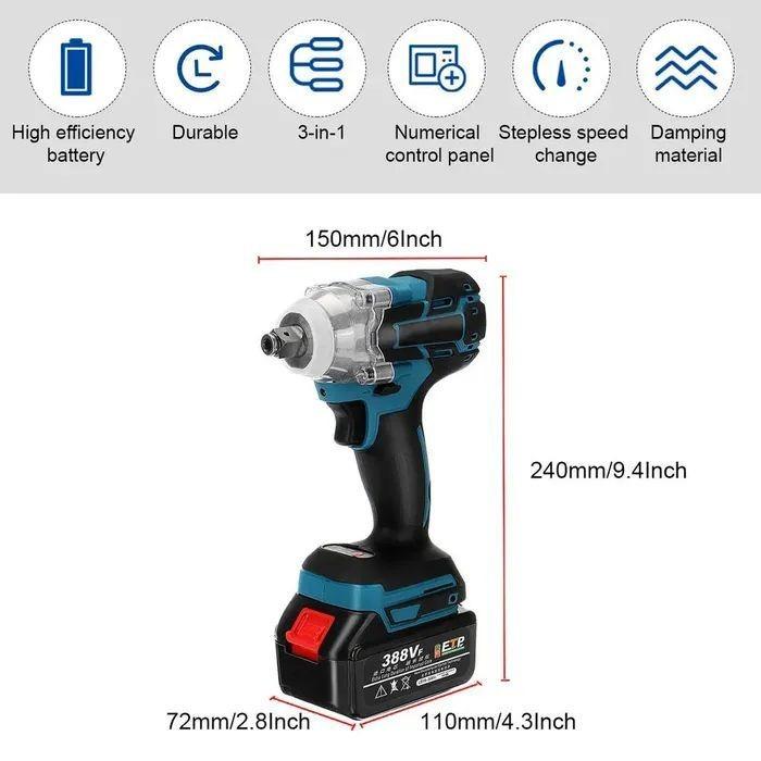 Бесщеточный электрический ударный гайковерт на 2 аккумулятора, подходит для батарей 18 В, 520 Нм, 1/2 дюйма