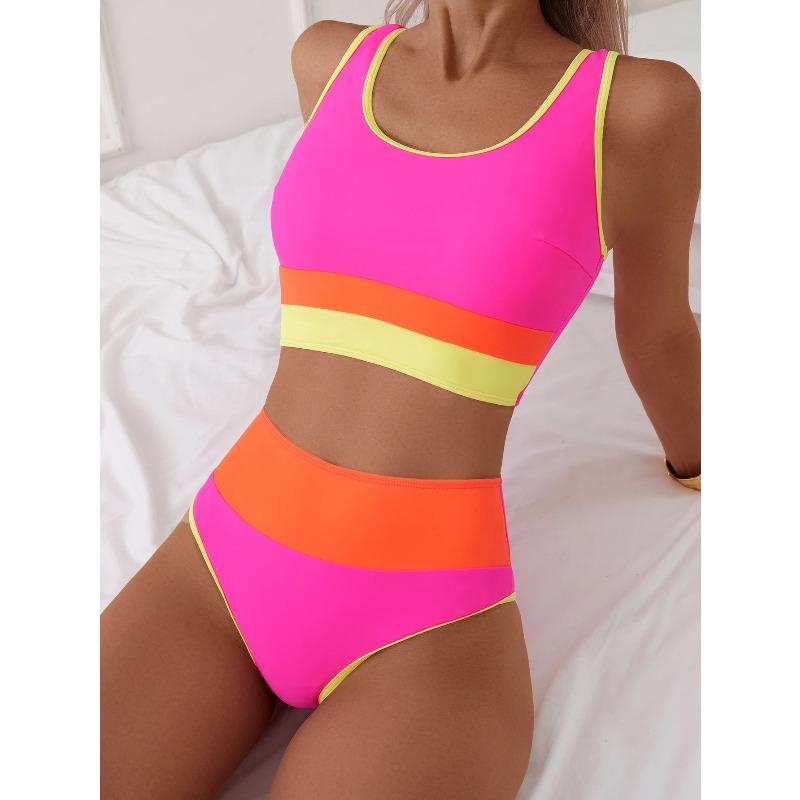 Спортивные бикини с высокой талией 2026 года Купальник Color Block Женский Сексуальный купальный костюм Женская одежда для купания Купальник Пляжная одежда XXL