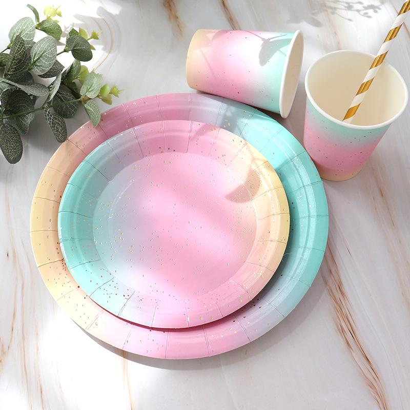 Rainbow Birthday Disposable Tableware Rainbow Gradient Rainbow Plates Napkins Kids Girls Happy Rainbow Birthday Party Supplies