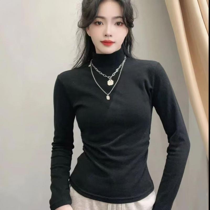Autumn and Winter Thickened Velvet Half Turtleneck Versatile Bottoming Shirt with Slim Fit Short Warm T-shirt Tight Top