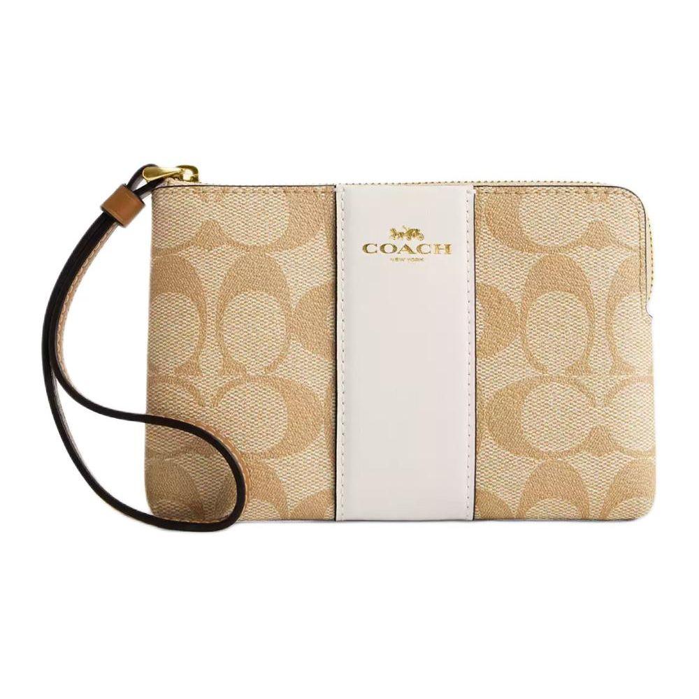 Coach Кошелек-клатч на молнии по углу 15 Полосатый Signature Покрытие из холста и переработанная кожа Клатч Мини Женский клатч Светло-хаки CR945-IMWQJ