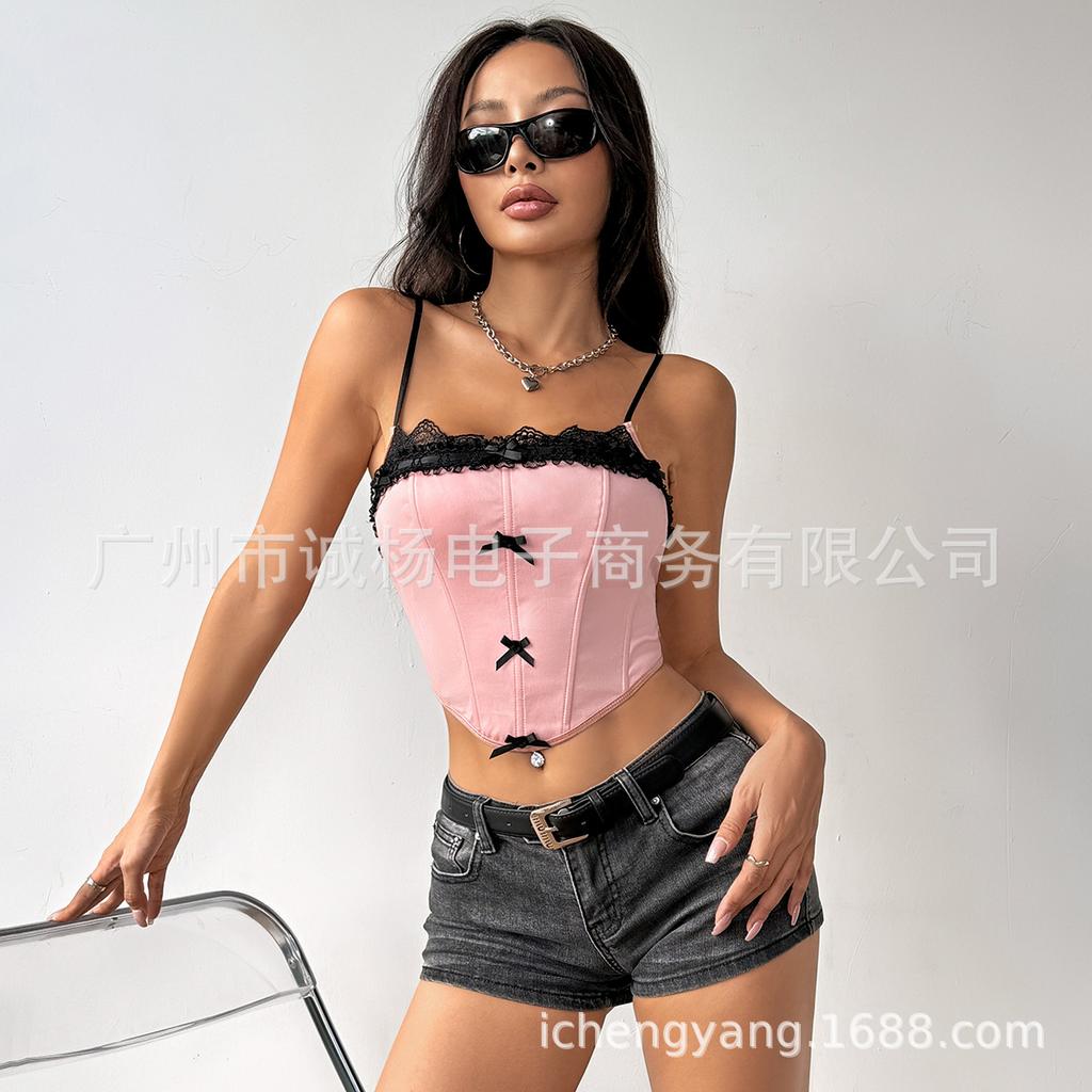 Women's Sexy Hottie Fashion Lace Bowknot Low Cut Camisole Fishbone Tank Top