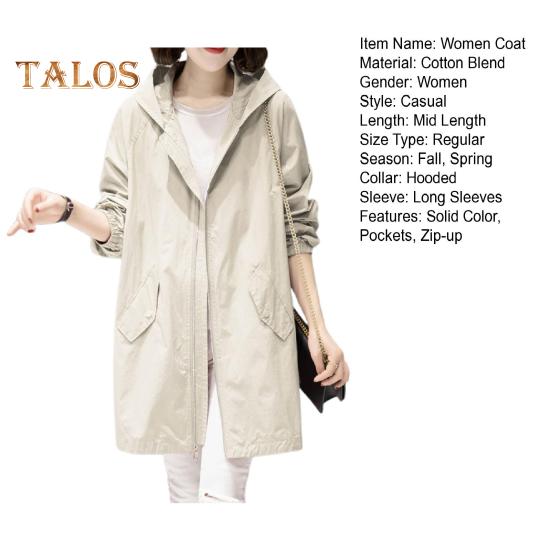 Осень-весна женское пальто с капюшоном на молнии с длинными рукавами Свободный кардиган на шнурке Пальто средней длины с карманами Тонкая повседневная одежда Рабочая уличная ветровка