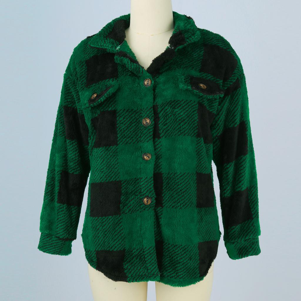 Женская осенне-зимняя модная толстая плюшевая однотонная клетчатая пуговица с длинными рукавами, повседневная спортивная повседневная куртка, флисовый топ с карманом