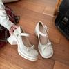 Fashion French Slip-On Women's Shoes Spring Summer New Style White Cross Butterfly Knot Thick High Heel Mary Jane Small Leather Shoes