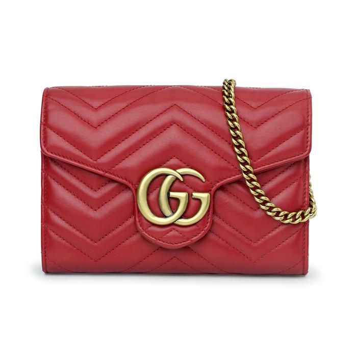 Gucci GG Marmont Vintage Logo Chain Leather Envelope Shoulder Bag Women Shoulder Bag Red 474575-DTD1T-6433