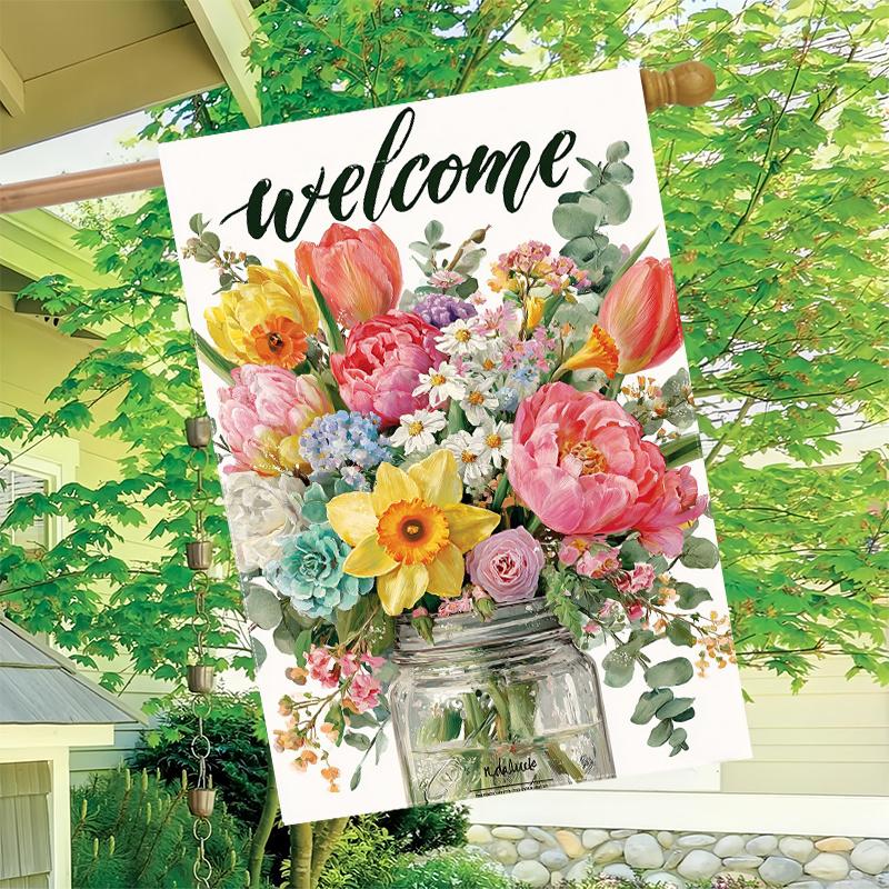 1pc Spring Flowers Mason Jar Garden Flag_1 (3)- Garden Decoration Double S, Home Decoration, Yard Decoration, Outdoor Decoration, Lawn Decoration, Fla