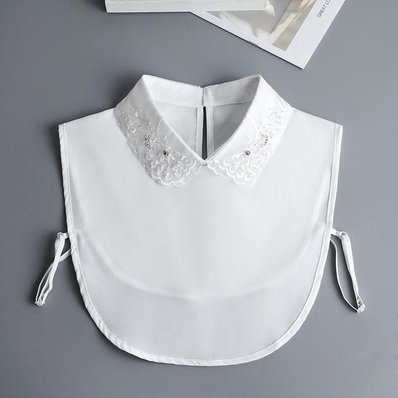 Front Tie White Fake Collar Stand Beads Detachable Collar Fake Women Vintage Crystal Lace Ladies False Blouse Collar Half Shirt