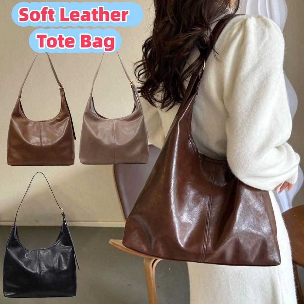 Elegant Soft Leather Tote Bag Solid Color Vintage Underarm Bag Fashion Commuting Shoulder Bag Lady