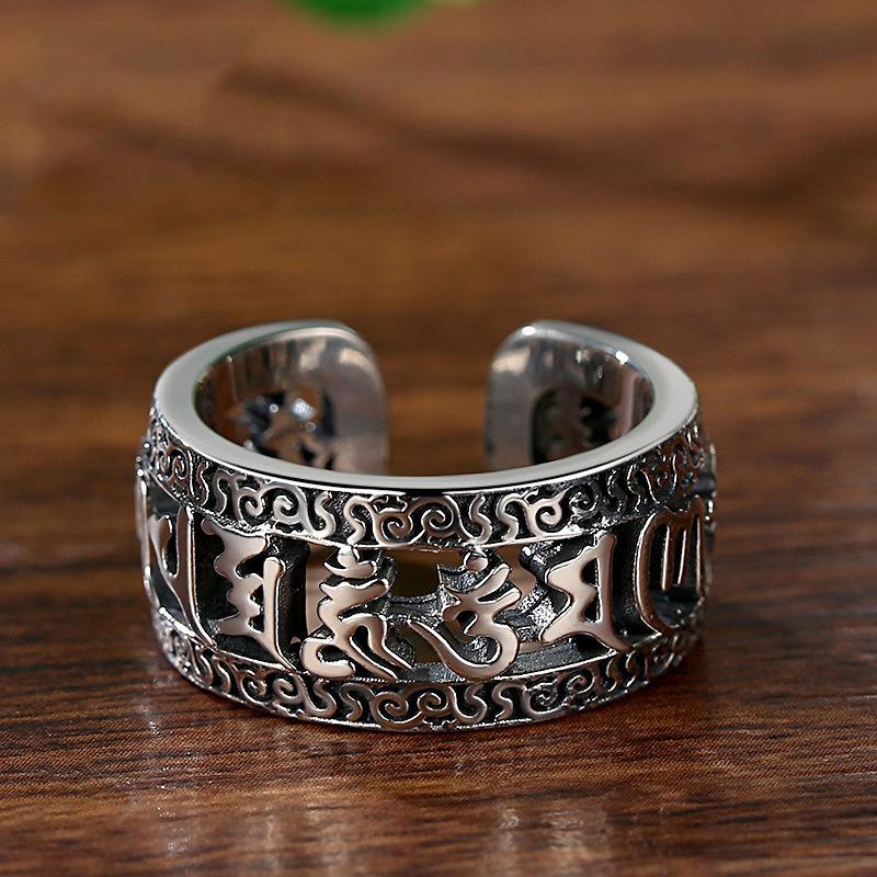 Hollow Six-character Mantra Ring with Open Opening for Men and Women, Protective Trendy Men's Retro Single Ring