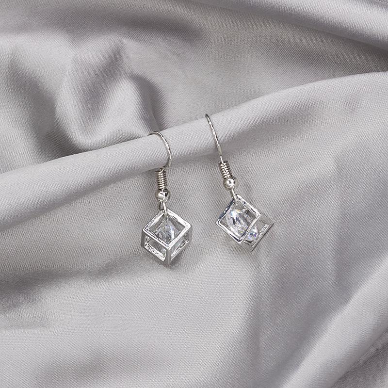 Korean Zircon Square Earrings: Fashionable, Fresh, Three-Dimensional Diamond-Inlaid Short Drop Studs