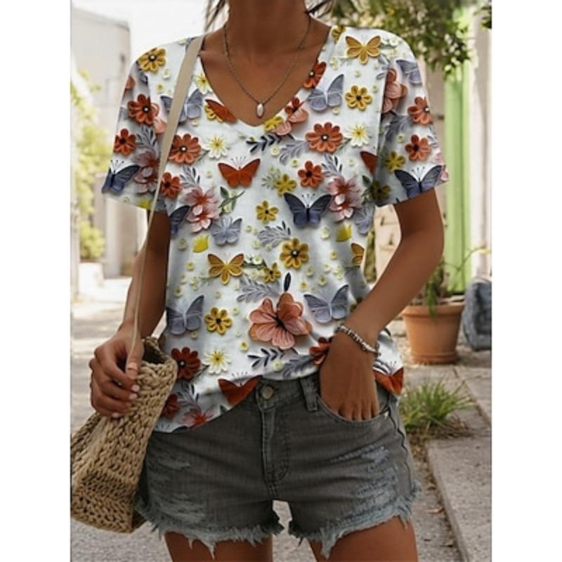 Women's T Shirt Floral 3D Stylish Casual Short Sleeve V Neck Regular Tops Daily Print Off-white Summer