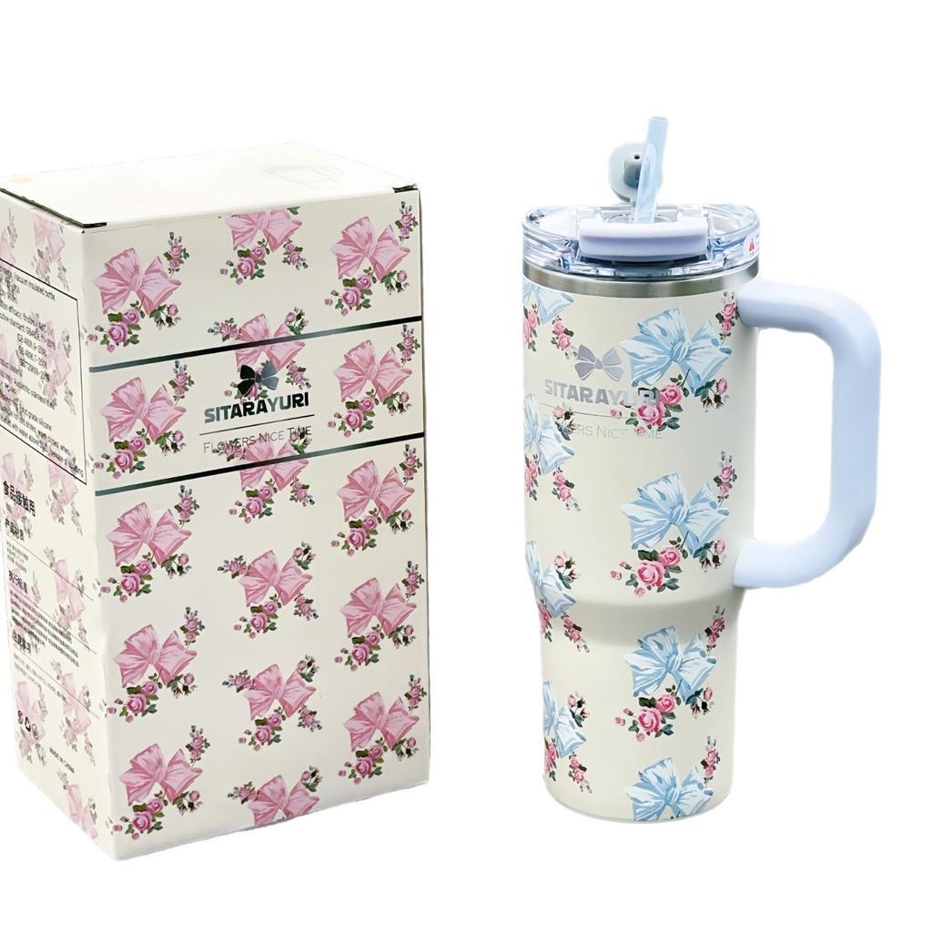 Кружка с трубочкой 40 унций из нержавеющей стали 304, автомобильная кружка для льда, кружка-термос с бантом