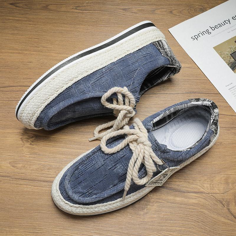 Men's Shoes Summer Washed Denim Board Shoes Student Hip Hop Korean Version Casual Flat Canvas Shoes Straw Fisherman Shoes