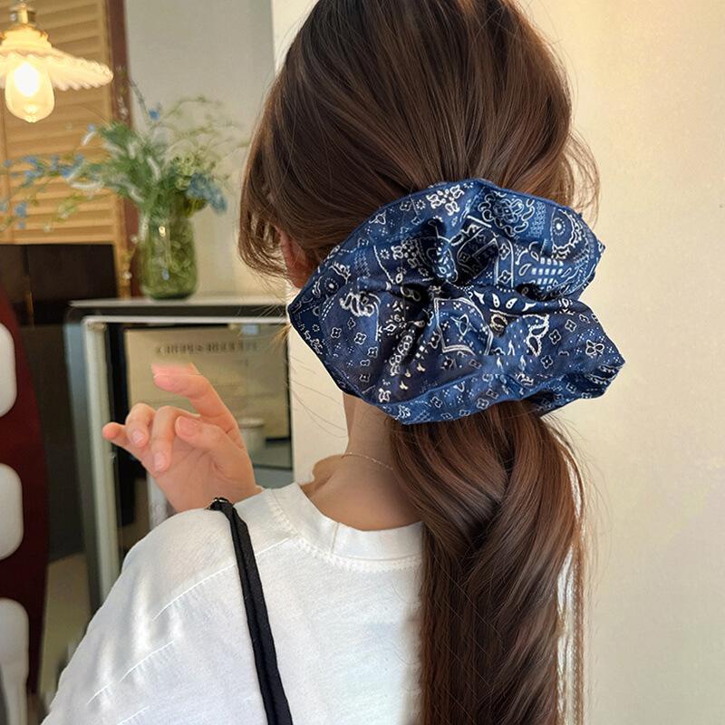 Fabric Retro Literary Printing Large Intestine Hair Band Fashionable Versatile Design Hair Rope Large Tied Hair Lazy Hair Accessories