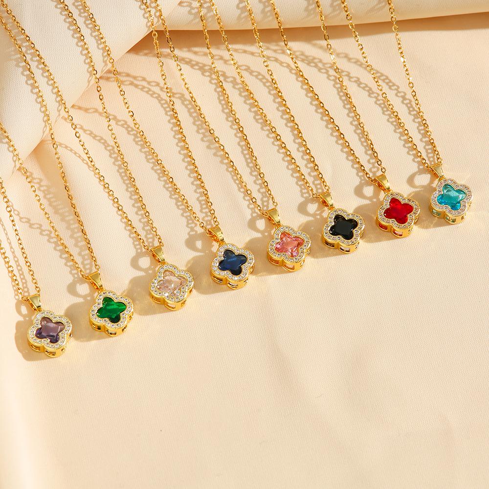 Multi-colored zircon four-leaf clover necklace, female personality fashion simple collarbone chain design sense