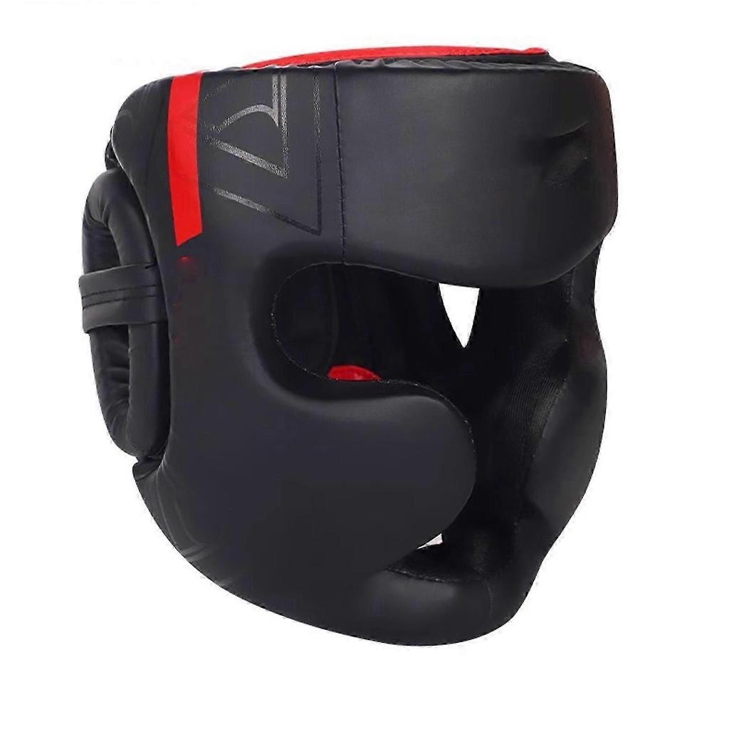 Full Covered Kick Boxing Helmets PU Leather Training Sparring Headgear Helmets Martial Art Headgear Protector Enduring black red