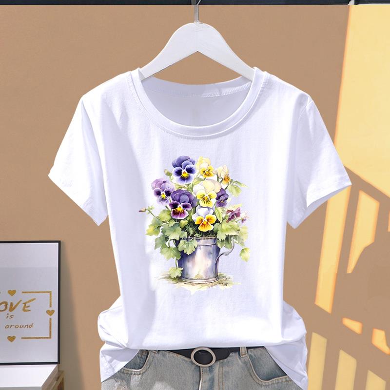 (Asian Size) Graphic Tee T Clothing Casual Fashion Trend Flower Cute 90s Print Female Casual  Women's Top Lady Short Sleeve T-shirt