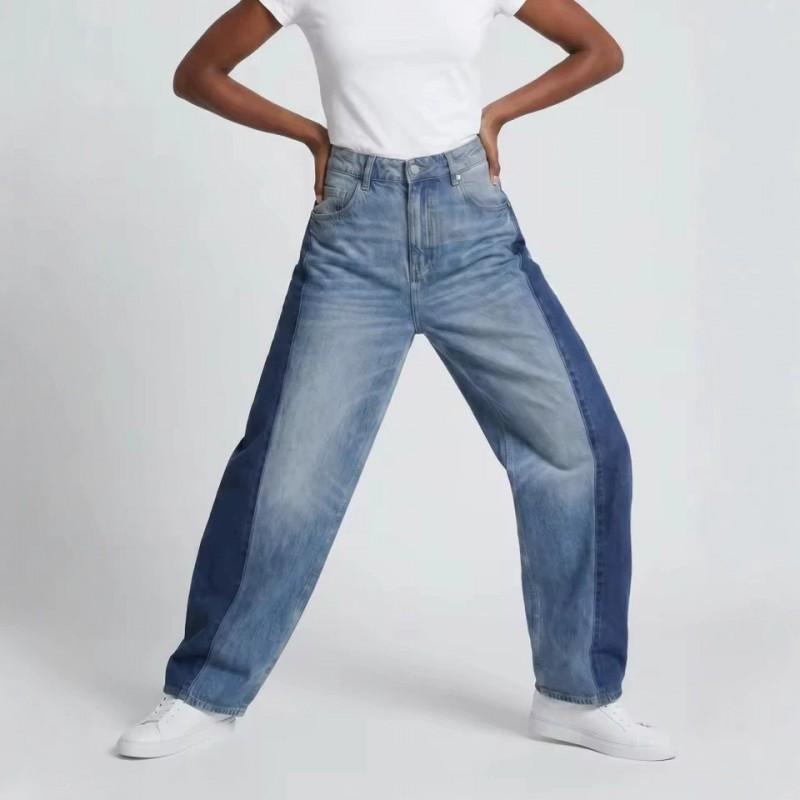 Washed Stitching Jeans Low Rise Relaxed Straight Leg Denim Pants Women Men