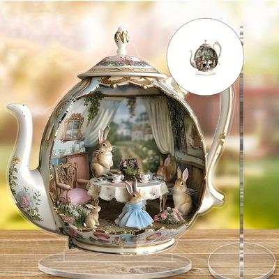 Милый кролик, чайник, сцена 2D, плоская акриловая настольная фигурка для декора дома, животная тематика, пасхальная вечеринка, украшение, подарок