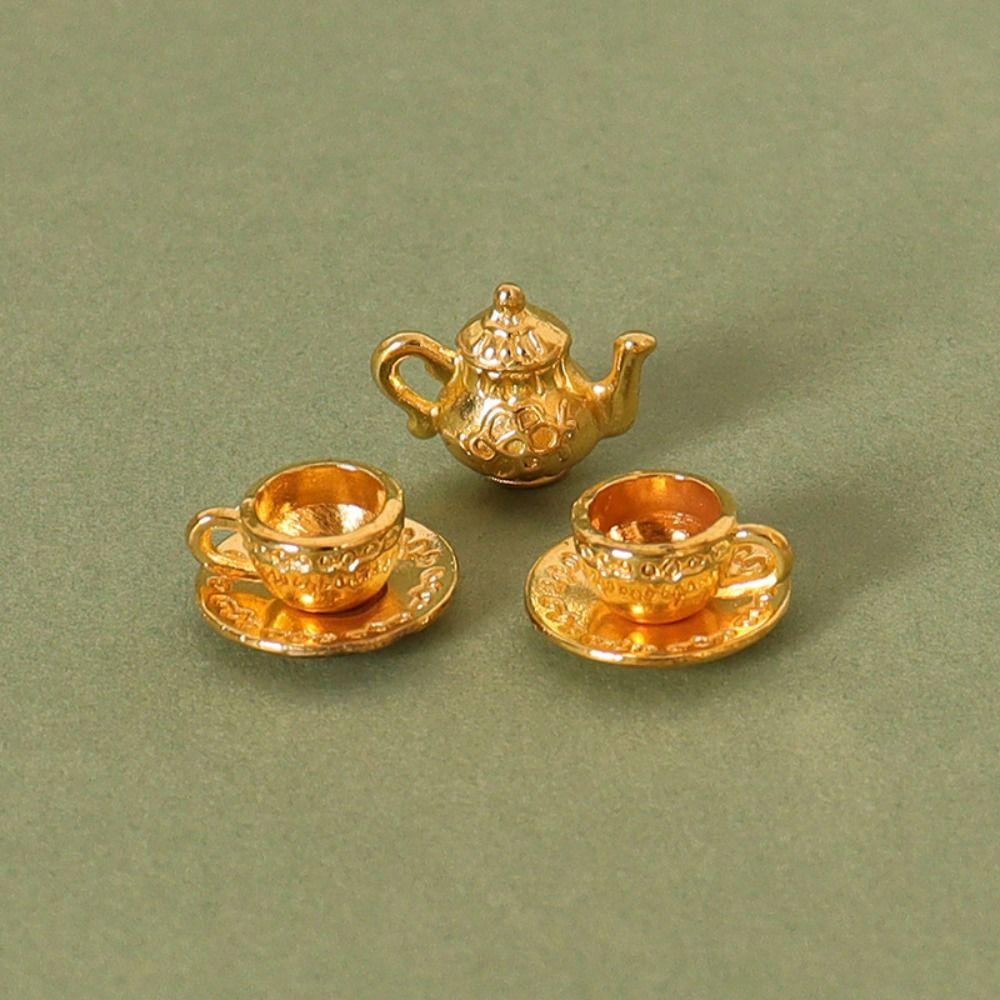 3 Colors Dollhouse Miniature Tea Alloy Tea Set Model Food and Game  Miniature Dollhouse Decorations