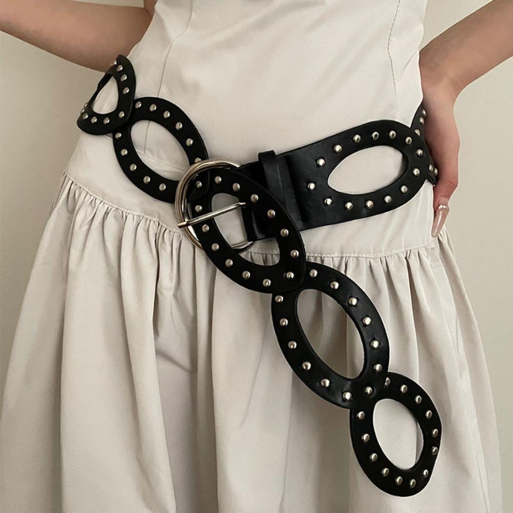 Adjustable PU Leather Waistbands Elliptic Geometry Rivet Waist Belt Cowgirl Waist Belt Woman/Girls