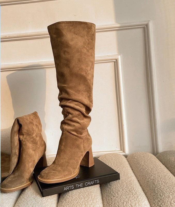 Большие сапоги с трубчатой окружностью, новые тонкие сапоги с толстым каблуком, высокие сапоги с высоким каблуком, рыцарские сапоги с квадратной головкой, маленькие сапоги с толстой голени