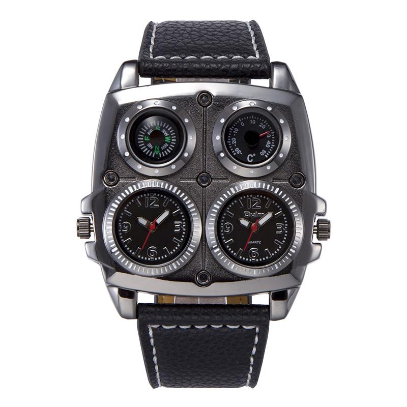 Oulm Men's Watches Two Time Zone Army Pilot Style Watch Big Size Military Quartz Clock Male Leather Strap Wristwatch