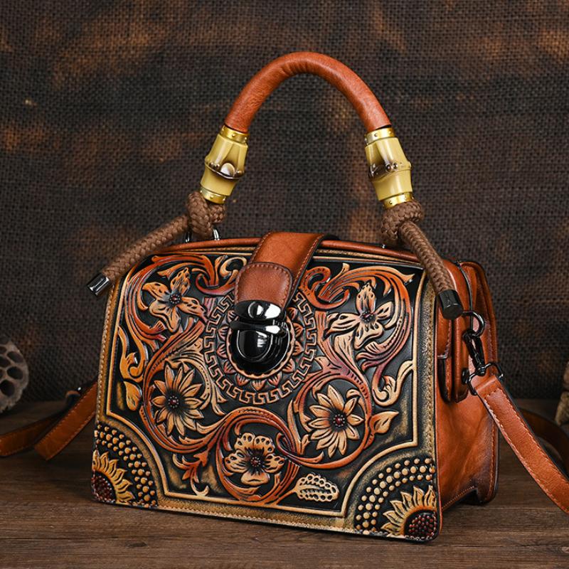 Vintage Luxury Handbag Handmade Leather Carved Women Bag Versatile Female Shoulder & Crossbody Bags