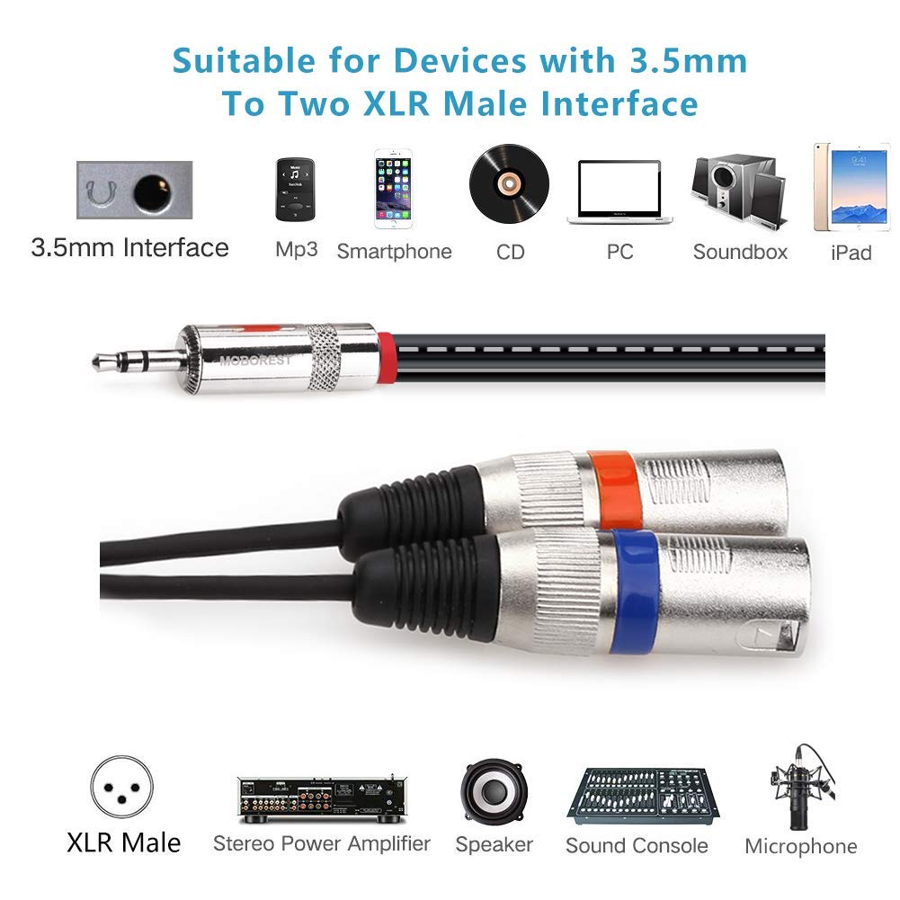 MOBOREST 3,5 мм - 2XLR Male Mic Cable, Dual XLR - 3,5 мм TRS Stereo Mini Jack AUX Interconnect Y-Type Adapter Cable (3,5 мм на двойной XLR-штекер на 3 м)